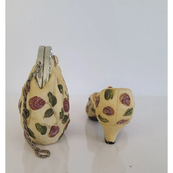 Vintage Miniature Nostalgia Decorative Handbag & Shoe Beige Floral, Knick Knack‎ - Picture 3 of 6